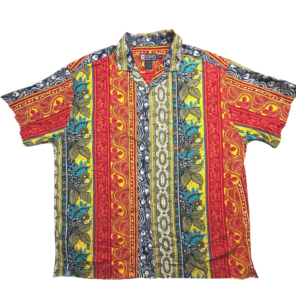 Chaps Ralph Lauren Mens XL Short Sleeve Paisley Floral Stripe Cotton Button Down